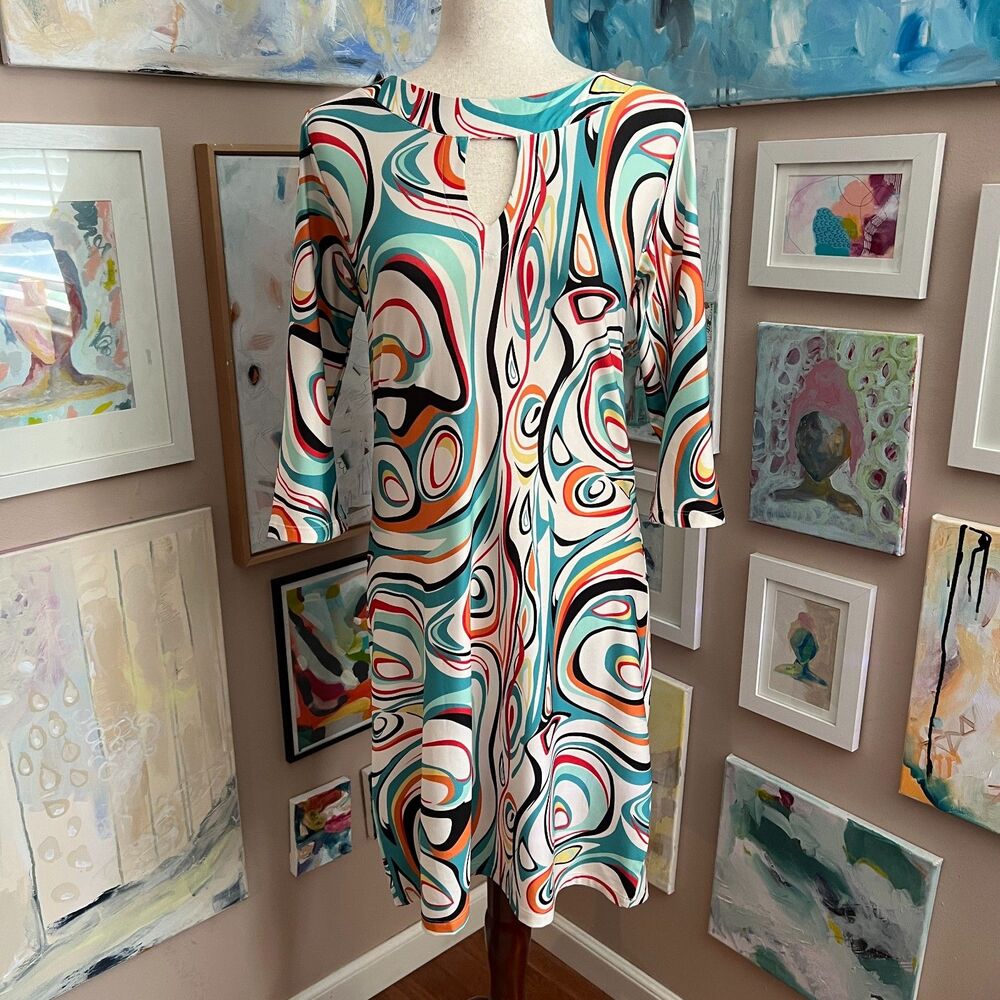 ISLE by Melis Kozan Abstract Shift Dress Retro Resort Wear Mod Artsy Size S